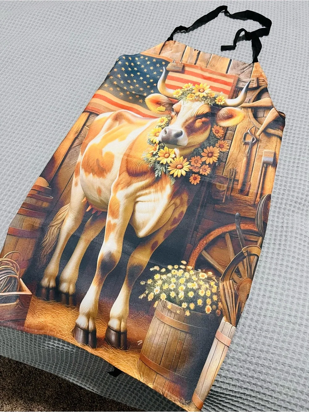 Farmhouse Cow Apron Patriotic American Flag Floral Kitchen BBQ New